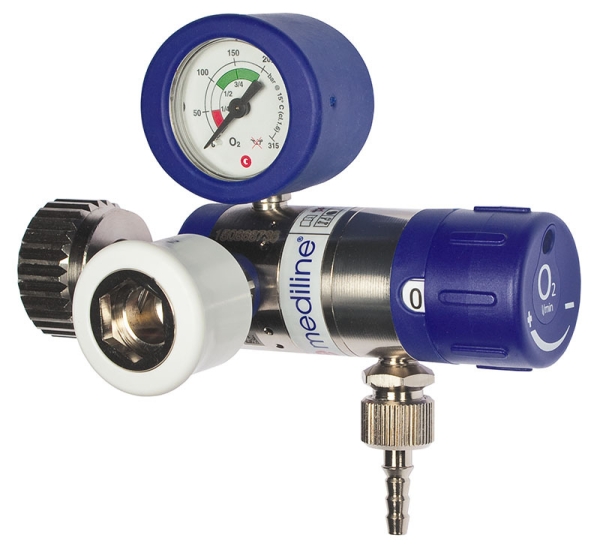 Rescue 25+ Druckminderer für O₂-Flaschen, mit ZGA-Kupplung, Manometer oben, langer Anschlussbolzen, bis 25 l/min