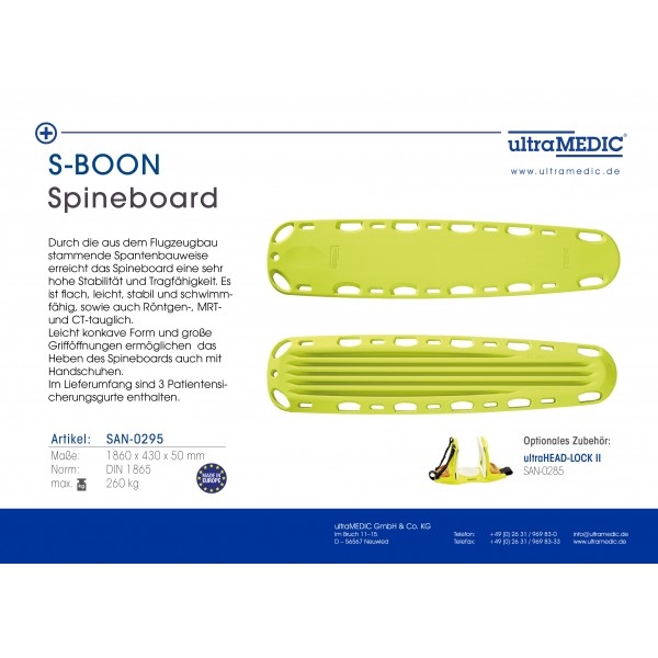 Spineboard S-Boon Ultramedic mit 3 Patientensicherungsgurten